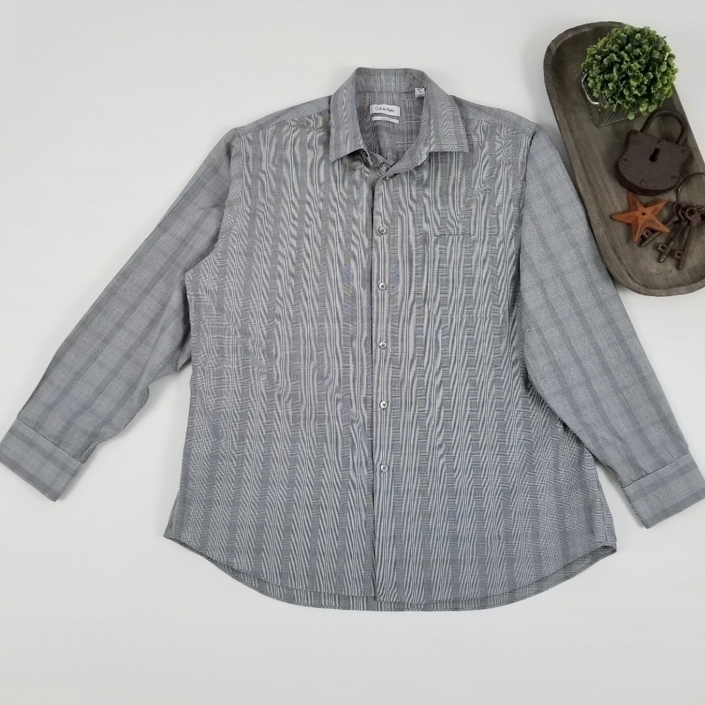 Calvin Klein shirt mens gray glen check plaid regular fit size XL 17 34/35 - Picture 2 of 7